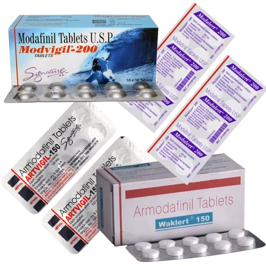 Modafinil sample pack containing Modalert, Modvigil, Waklert, and Artvigil tablets